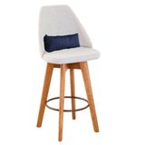 Banqueta Alta Maya Giratória Com Encosto Gourmet Linho Bege E Almofada Suede Azul Marinho - Aurora Line