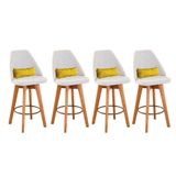 Kit 04 Banquetas Alta Maya Giratória Com Encosto Linho Bege Claro E Almofada Suede Amarelo - Aurora Line