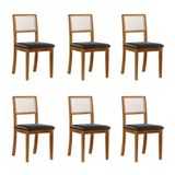 Kit 6 Cadeiras De Jantar Luxo Madeira Maciça Mel Encosto Telinha Palha Estofada Couro Pu Preto Rubi