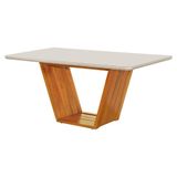 Mesa De Jantar Luxo Retangular 160x90 Mdf/vidro Para 6 Lugares Pés Madeira Maciça Safira - Mel/off W