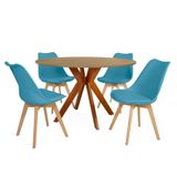 Conjunto Mesa De Jantar Redonda Marci 120cm Natural Com 4 Cadeiras Leda - Turquesa