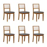 Kit 6 Cadeiras De Jantar Luxo Madeira Maciça Mel Encosto Telinha Palha Estofada Veludo Cinza Rubi