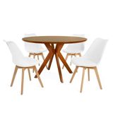 Conjunto Mesa De Jantar Redonda Marci Premium 120cm Natural Com 4 Cadeiras Leda - Branco