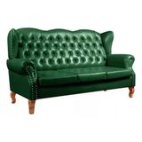 Sofá Chesterfield 3 Lugares Imperador Vintage Retrô Capitonê Couro Verde