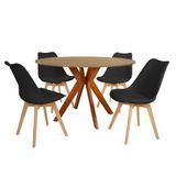 Conjunto Mesa De Jantar Redonda Marci 120cm Natural Com 4 Cadeiras Leda - Preto