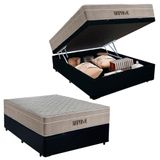 Cama Box Baú Casal Sintético Cremil + Colchão Molas Ensacadas Airprime 138cm Preto - Suporta Até 120kg Por Pessoa