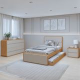 Quarto Completo Cama Solteiro Com Cômoda 8 Gavetas E Mesa De Cabeceira Amêndoa Clean/off White