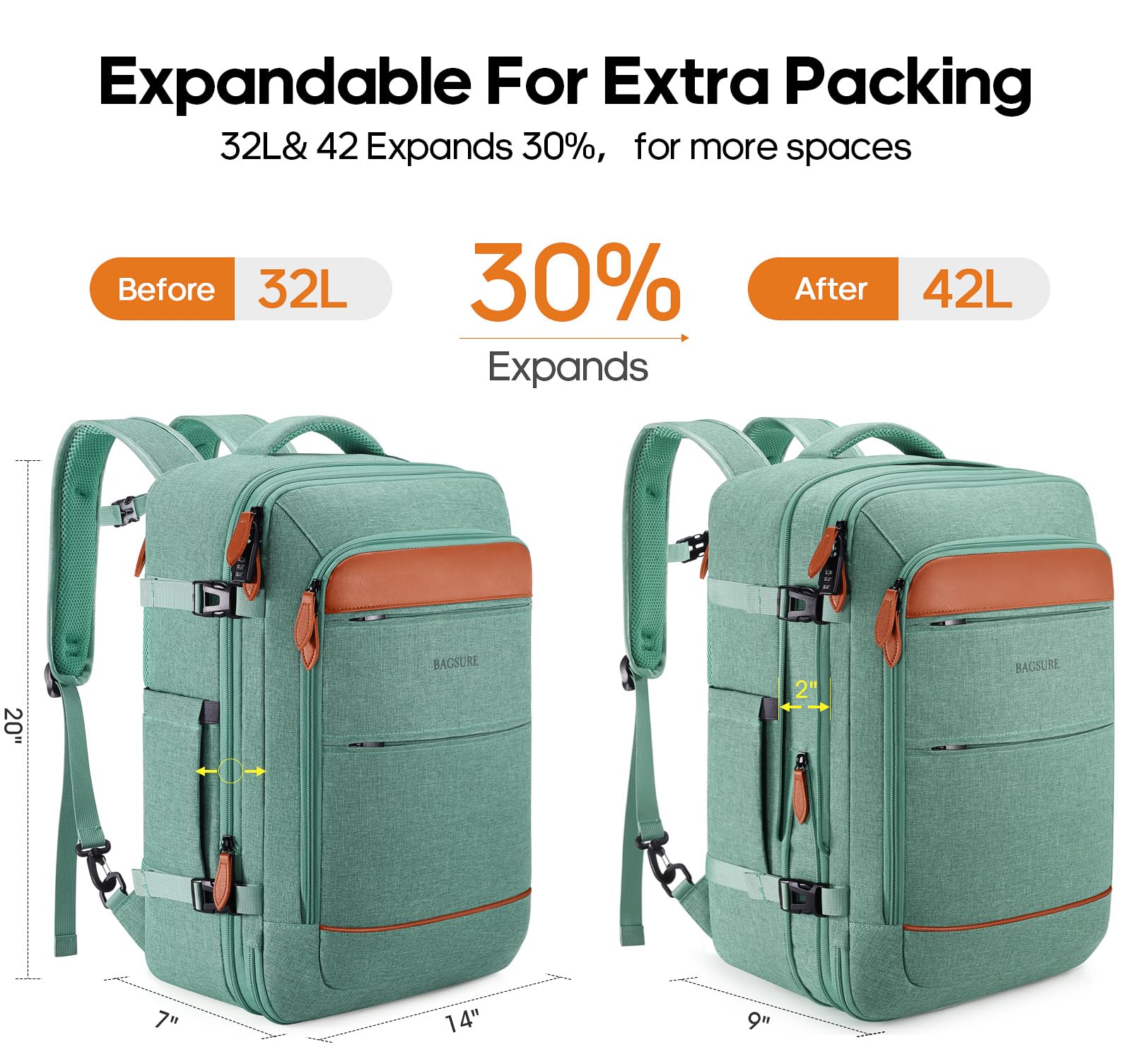 bagsure travel backpack 42l Expandable Carry On theft lock Bagsure Travel Backpack 42L Carry