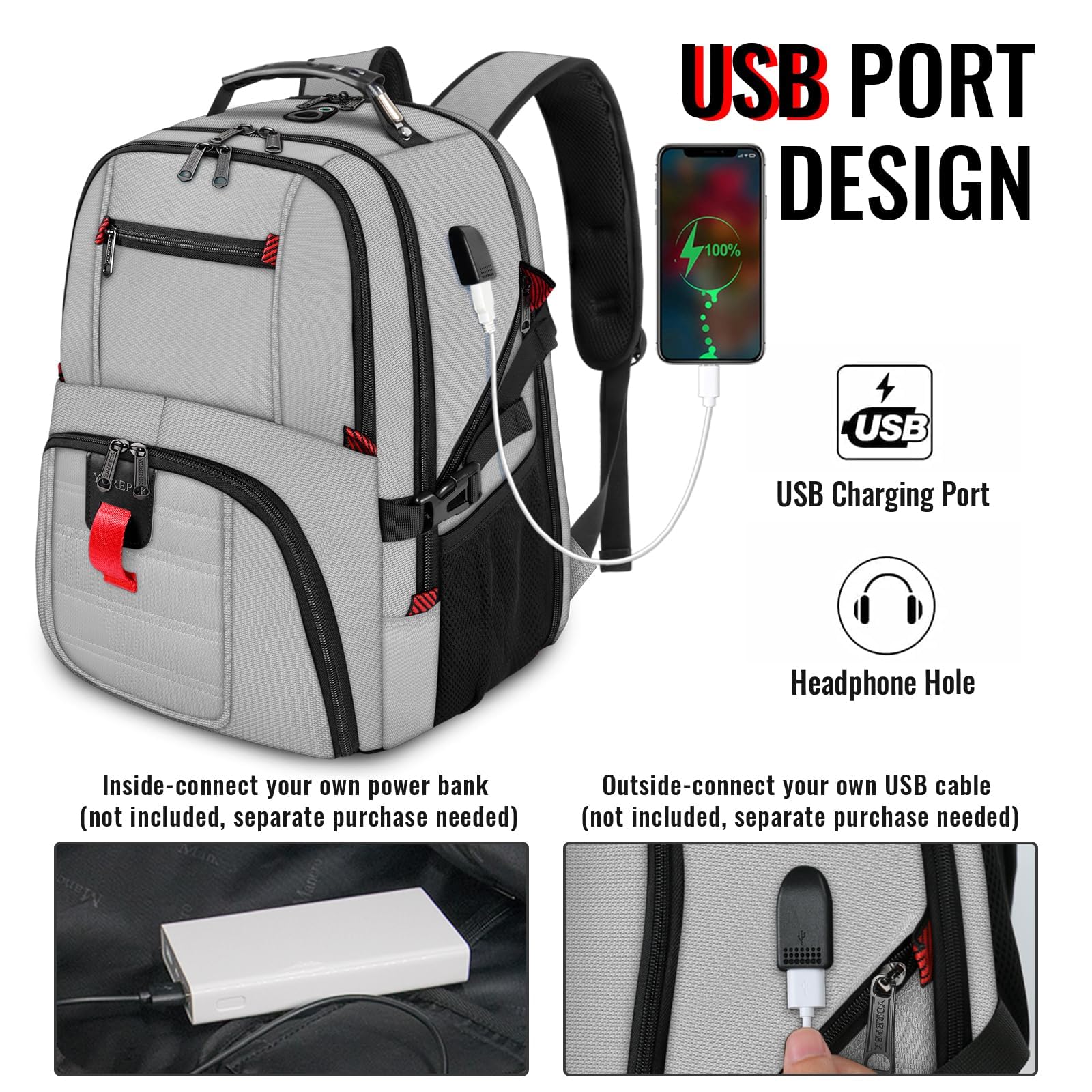 Mochila De Viagem Yorepek Extra Large 50l Com Laptop Usb De 17