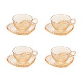 Cj 4 Xícaras P/chá C/pires De Cristal C/formato Coração Pearl Bolinha Âmbar 180ml Wolff