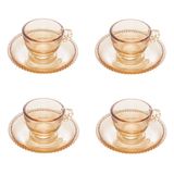 Cj 4 Xícaras P/café C/pires Cristal Pearl Bolinha Âmbar 80ml Wolff