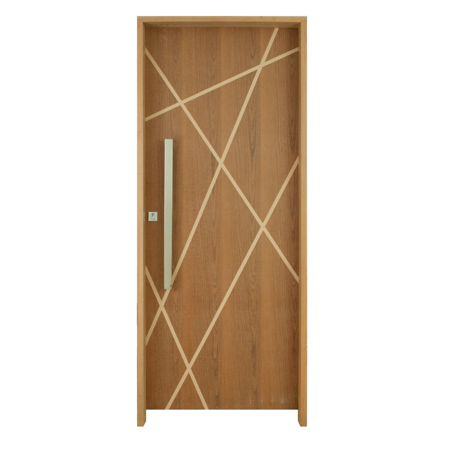 Kit Porta De Madeira Frisada 215x109cm Batente 14cm Fechadura Rolete E Puxador