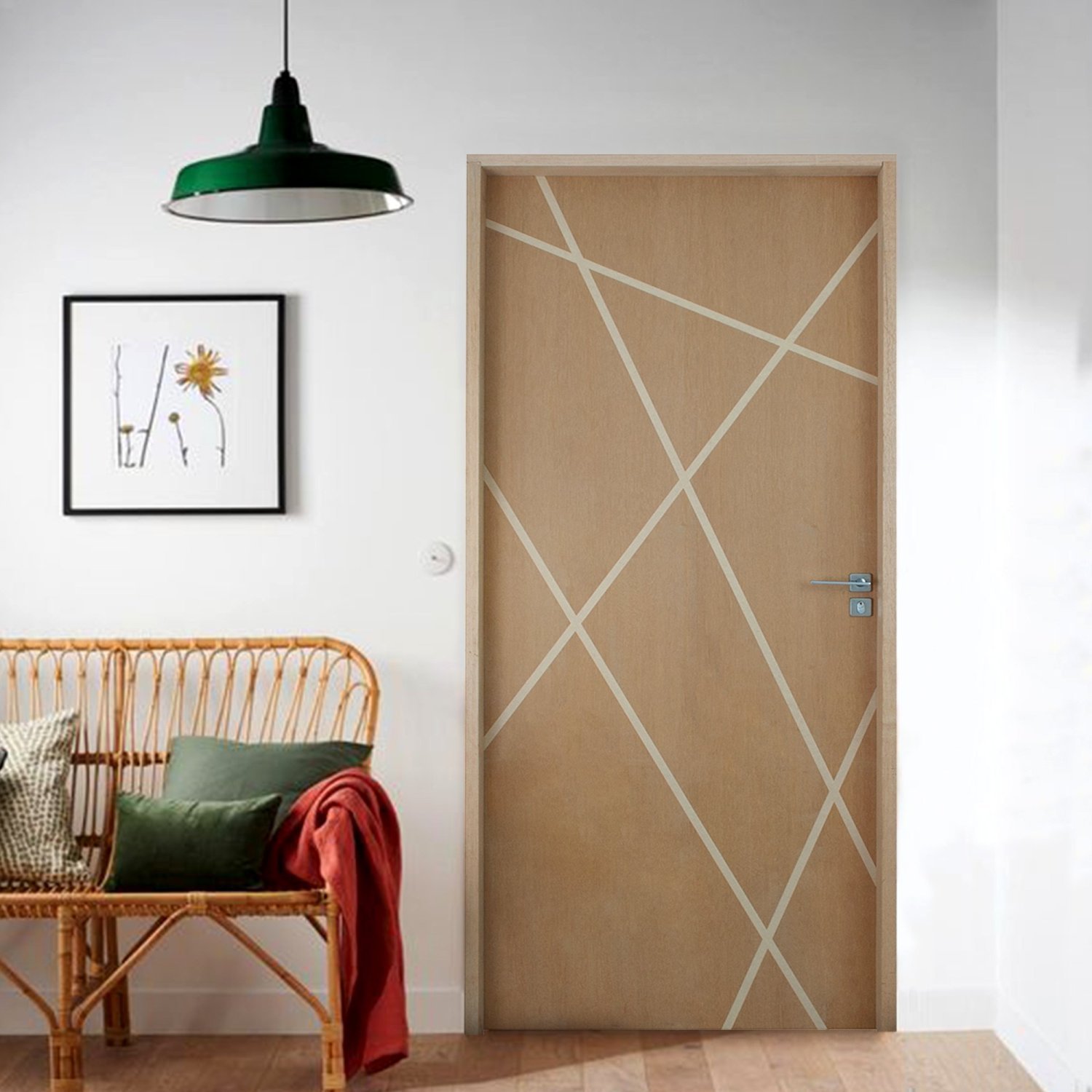 Kit Porta De Madeira Frisada 210x92cm Batente 14cm Fechadura Rolete E Puxador