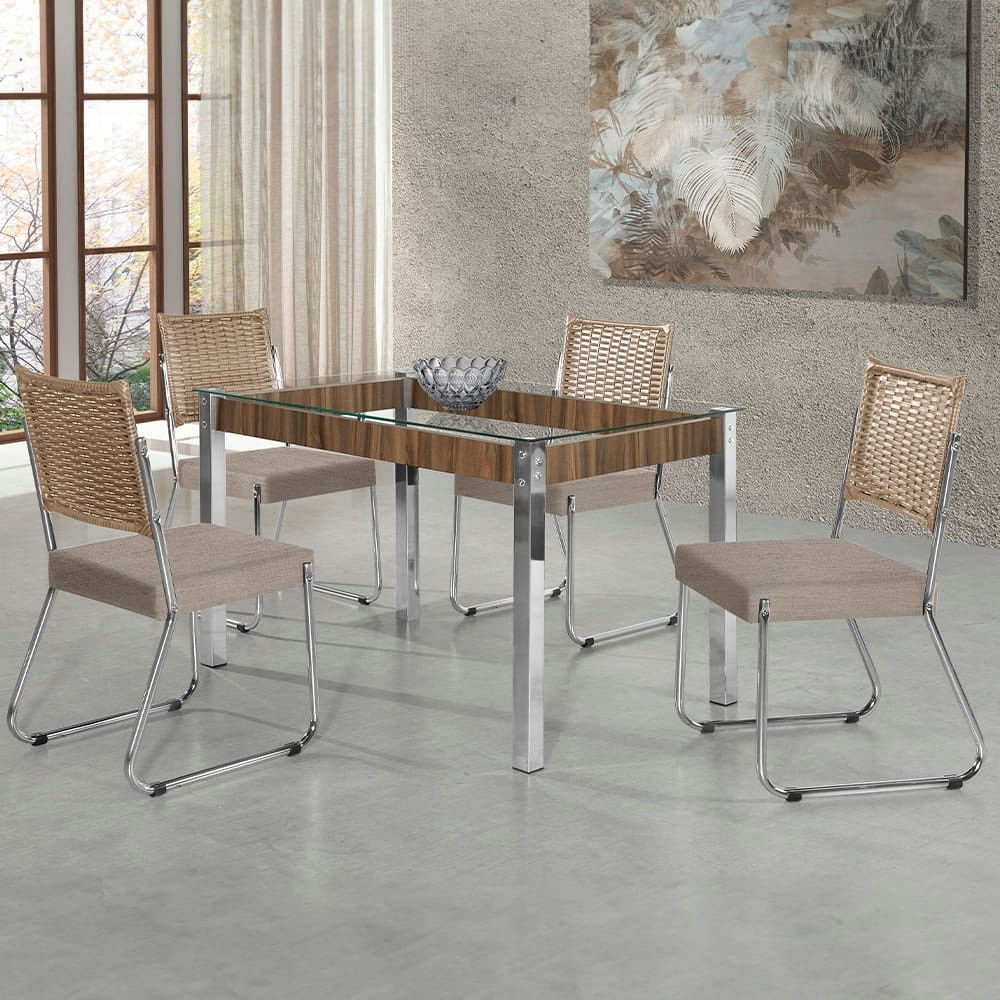 Mesa De Jantar Aço Nobre Cláudia Com Tampo Kanon E 4 Cadeiras