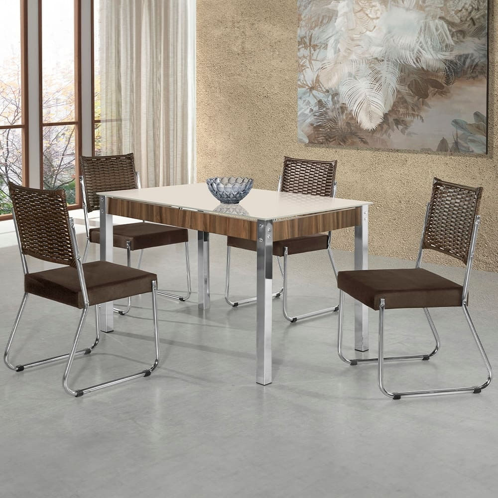 Mesa De Jantar Aço Nobre Cláudia Com Tampo Kanon E 4 Cadeiras