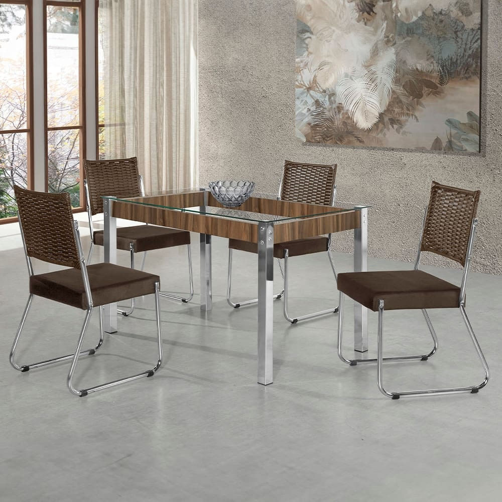 Mesa De Jantar Aço Nobre Cláudia Com Tampo Kanon E 4 Cadeiras