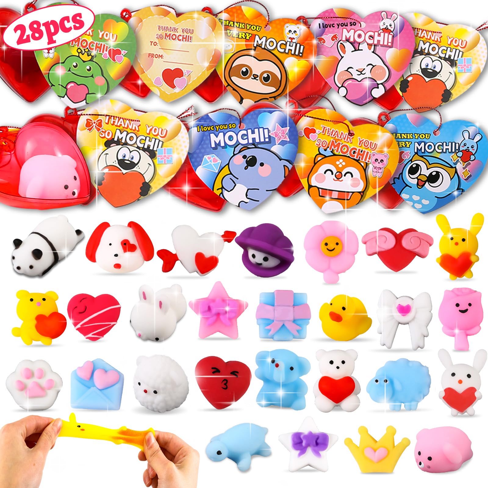 Pacote De 28 Brinquedos Valentine Mochi Squishy Com Cartões De Dia Dos Namorados Para Crianças