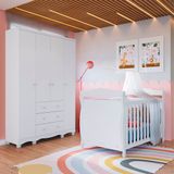 Quarto De Bebê Com Guarda Roupa 4 Portas 3 Gavetas E Berço Mini Cama Nina 100% Mdf Branco Brilho
