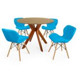 Conjunto Mesa De Jantar Redonda Marci 100cm Natural Com 4 Cadeiras Slim - Azul