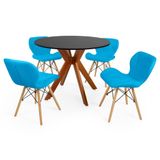 Conjunto Mesa De Jantar Redonda Marci 100cm Preta Com 4 Cadeiras Slim - Azul