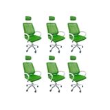 Kit 6 Cadeiras Escritório Diretor Oficial Tela Mesh Apoio Nuca Verde Branco