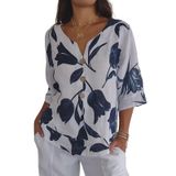 Top Feminino Chicyoo, Verão 2025, Manga 3/4, Decote Em V, Estampa Floral