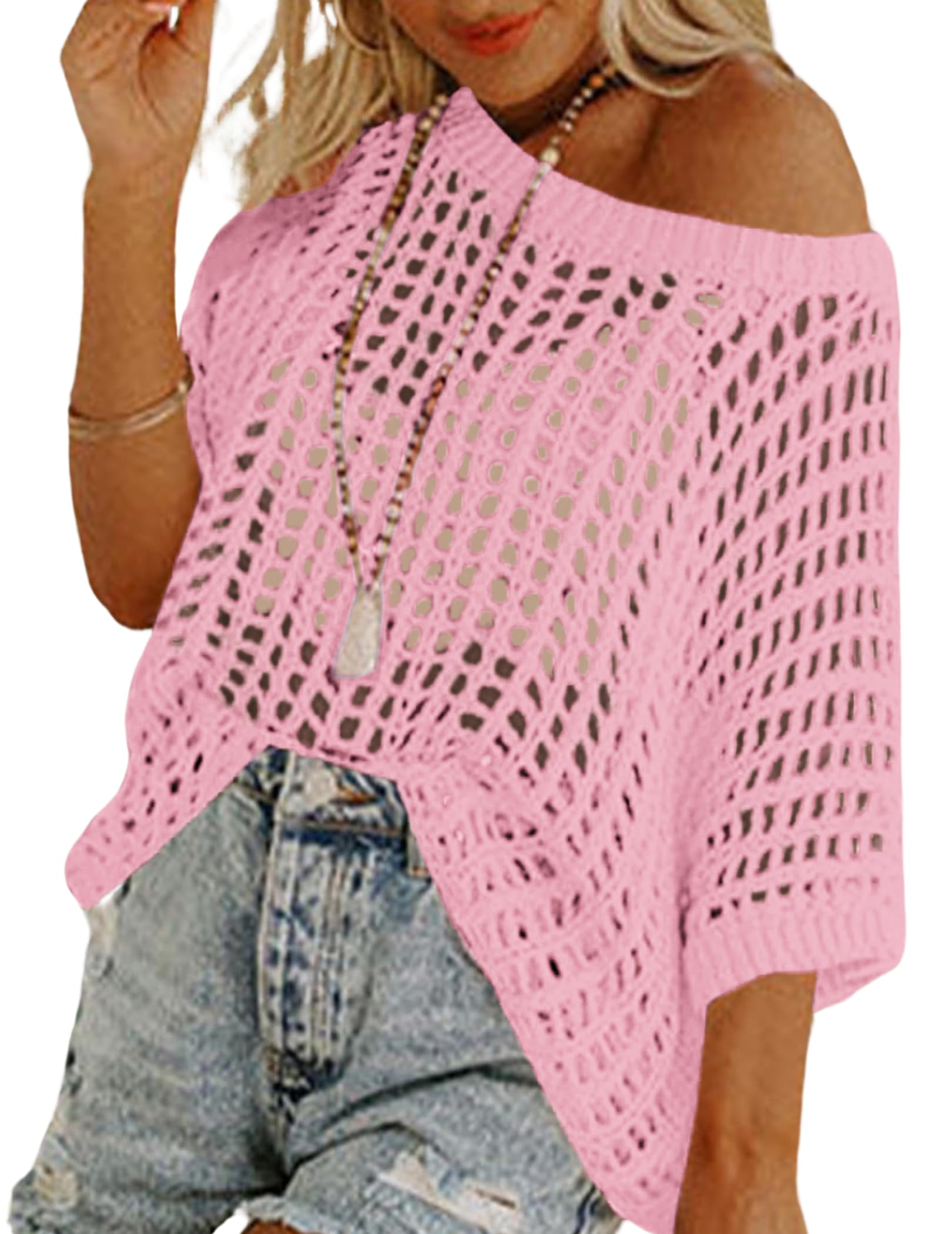 Beach Cover Up Zeagoo Crochet Hollow Out De Manga Curta Rosa