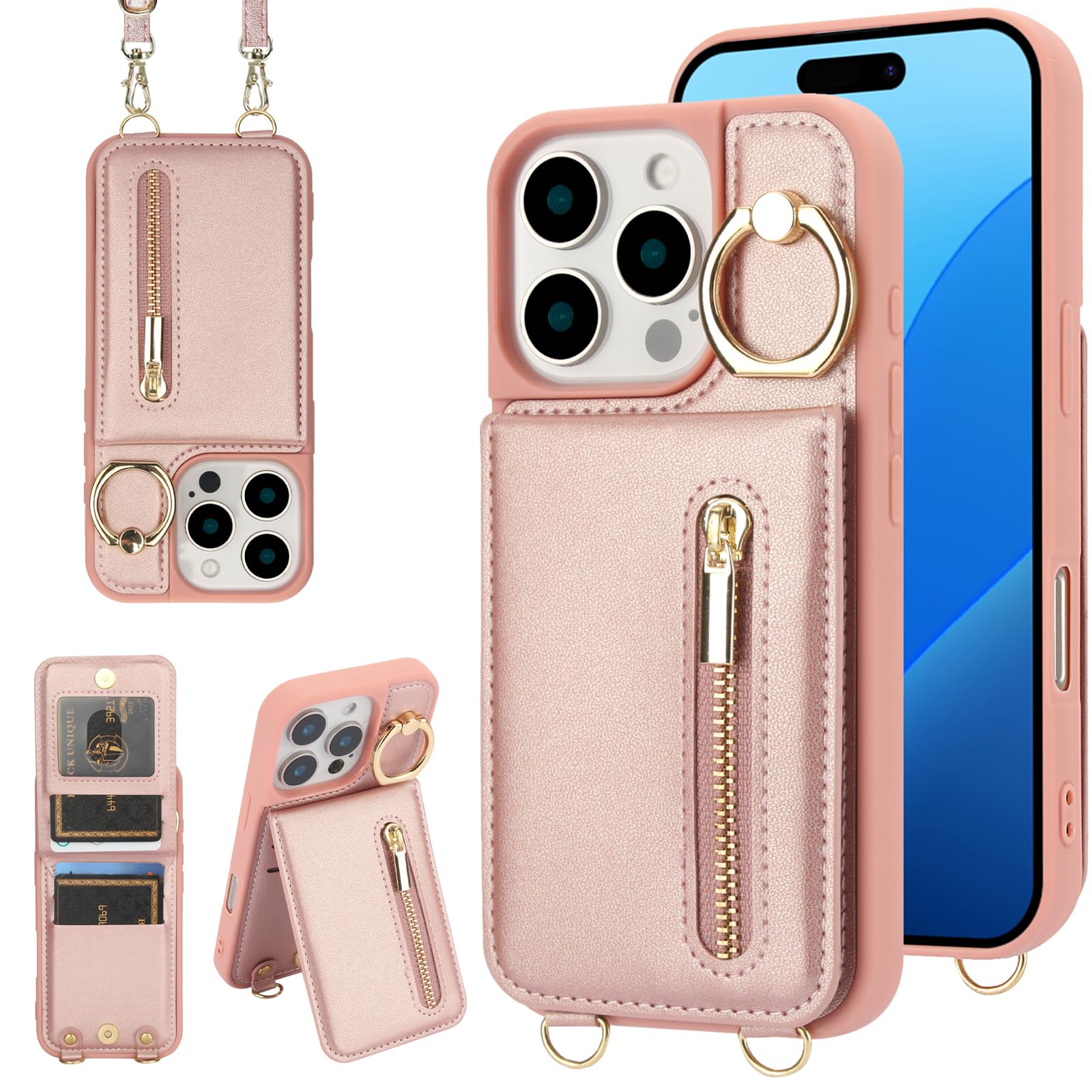 Capa Tipo Carteira Crossbody Jcxtrombulous Para Iphone 13 Pro Em Ouro Rosa