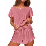 Conjunto De Pijama Feminino Ekouaer, Mangas Com Babados E Rosa Curta Empoeirada