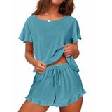 Conjunto De Pijama Feminino Ekouaer, Mangas Com Babados E Shorts, Azul, Verde