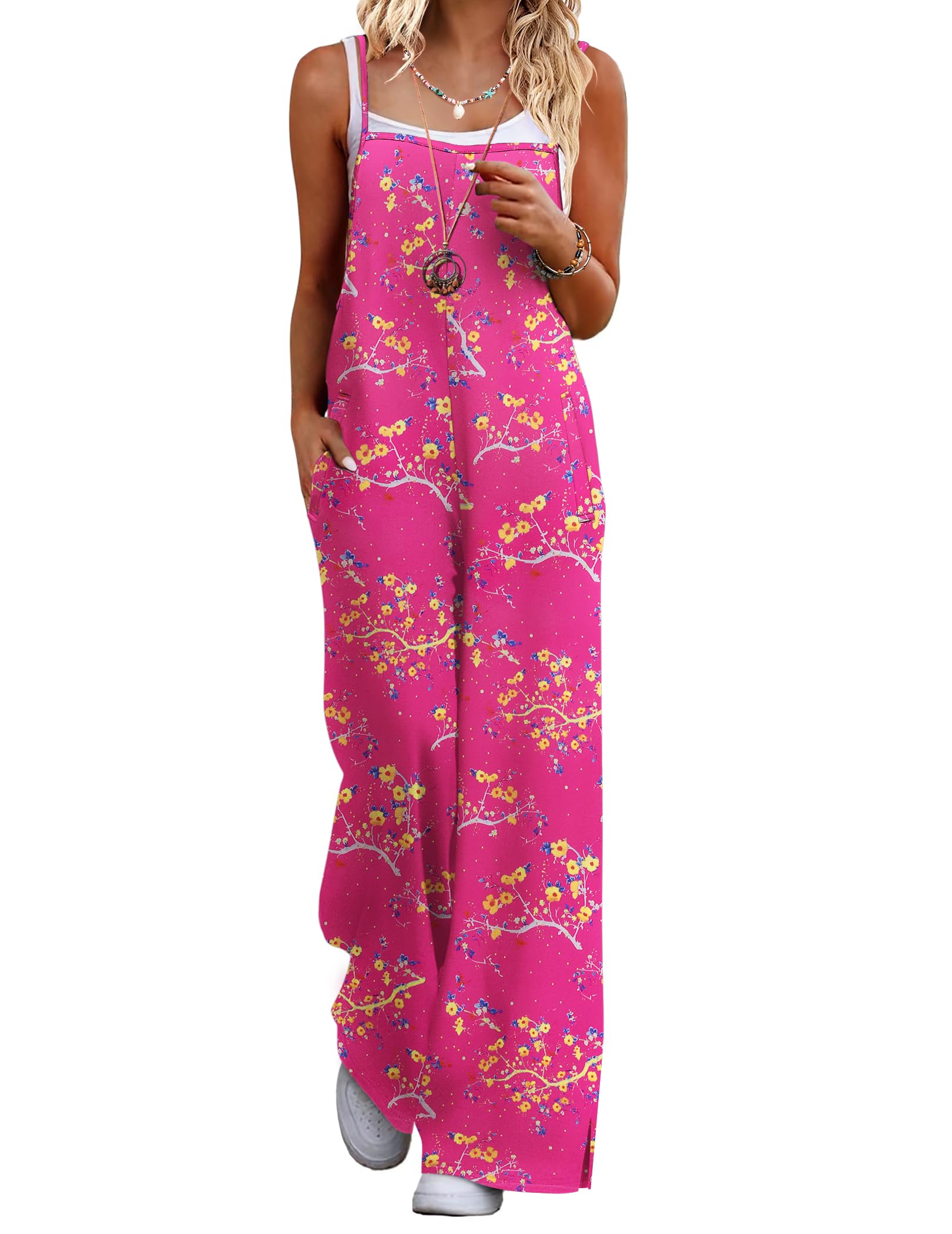 Macacão Feminino Ekouaer, De Verão, Boho, Perna Larga, Floral, Rosa, S