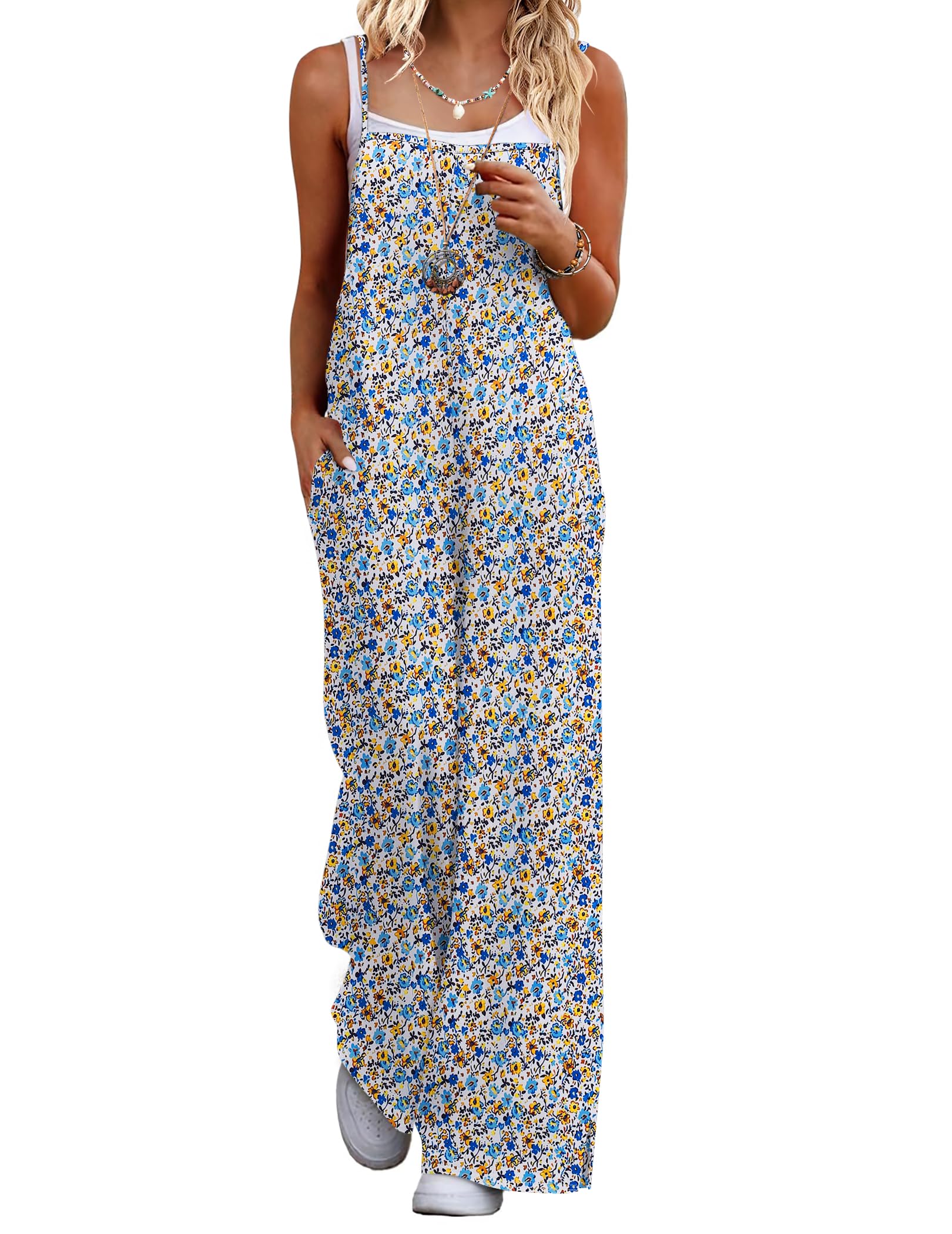 Macacão Feminino Ekouaer, De Verão, Boho, Perna Larga, Floral, Branco M