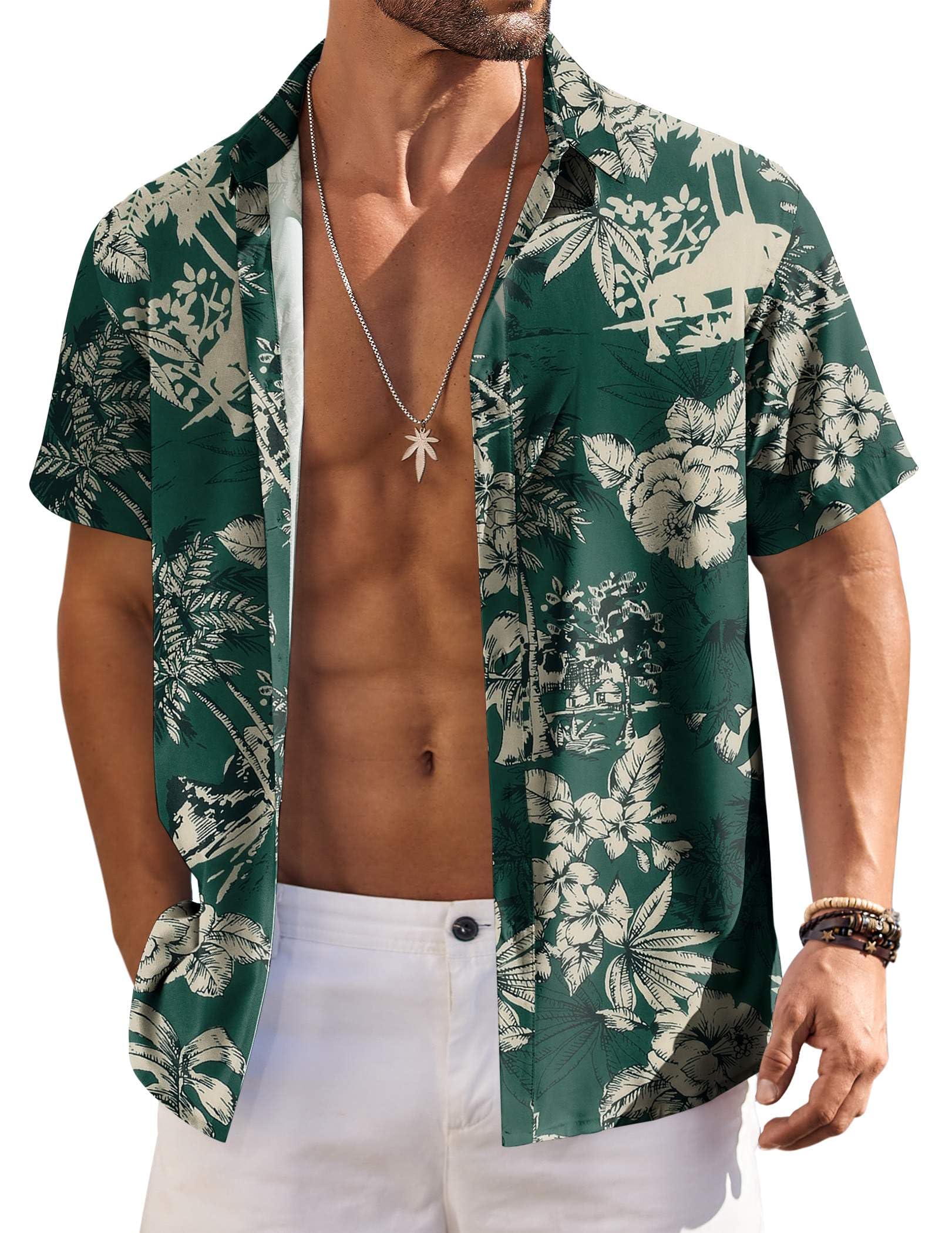 Camisa Masculina Coofandy Floral Havaiana De Manga Curta De Poliéster