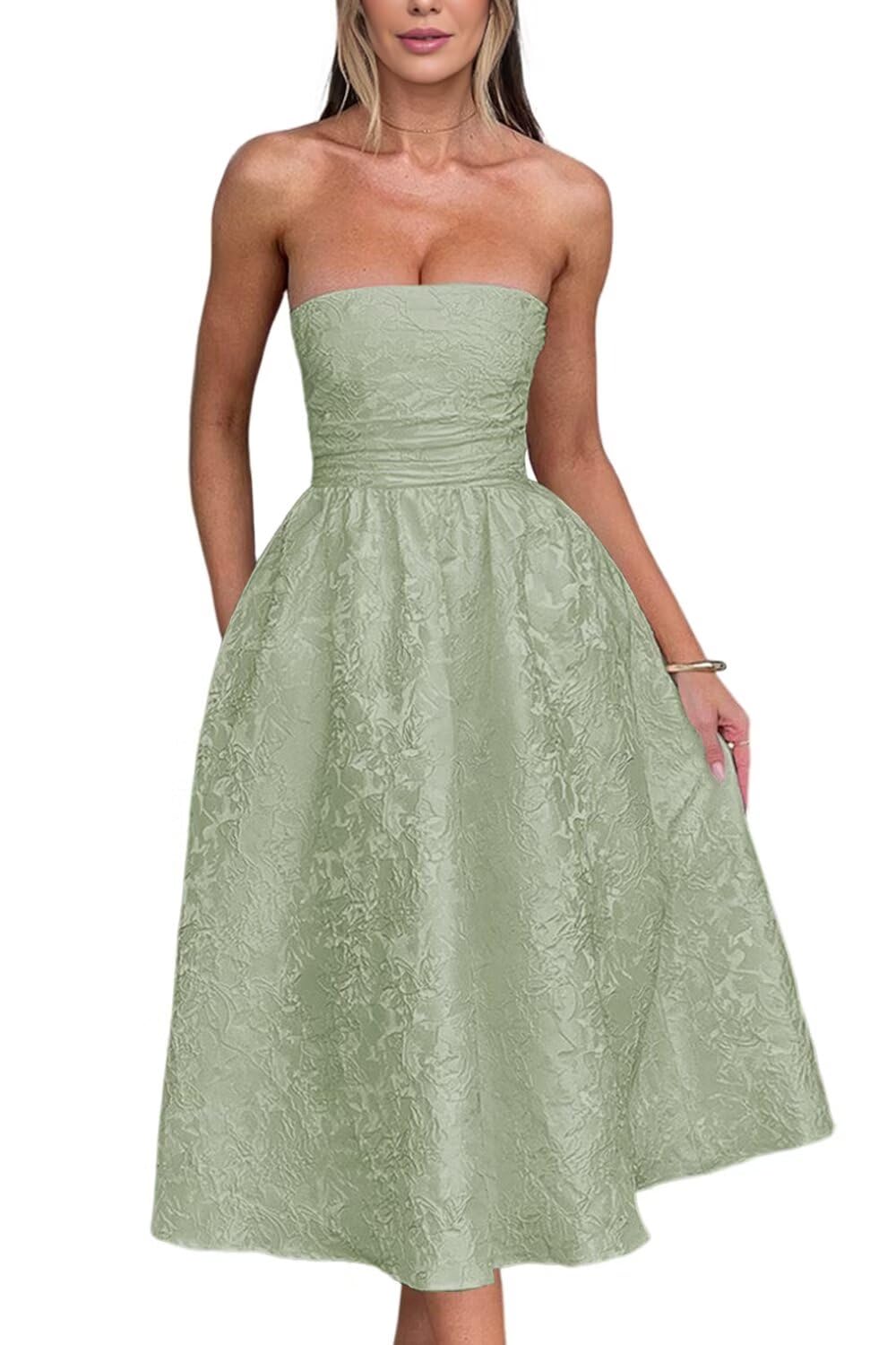 Vestidos De Boas-vindas Sem Alças De Verão Com Bolsos, Espartilho A Line, Vestidos De Festa Midi, Verde Empoeirado