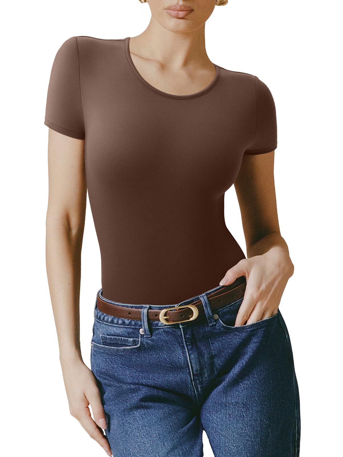 Bodysuit Reoria Brown Com Forro Duplo Básico De Manga Curta Feminina