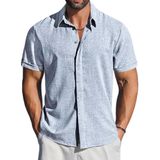 Camisa Casual Letsee De Manga Curta Com Botões, Linho, Azul
