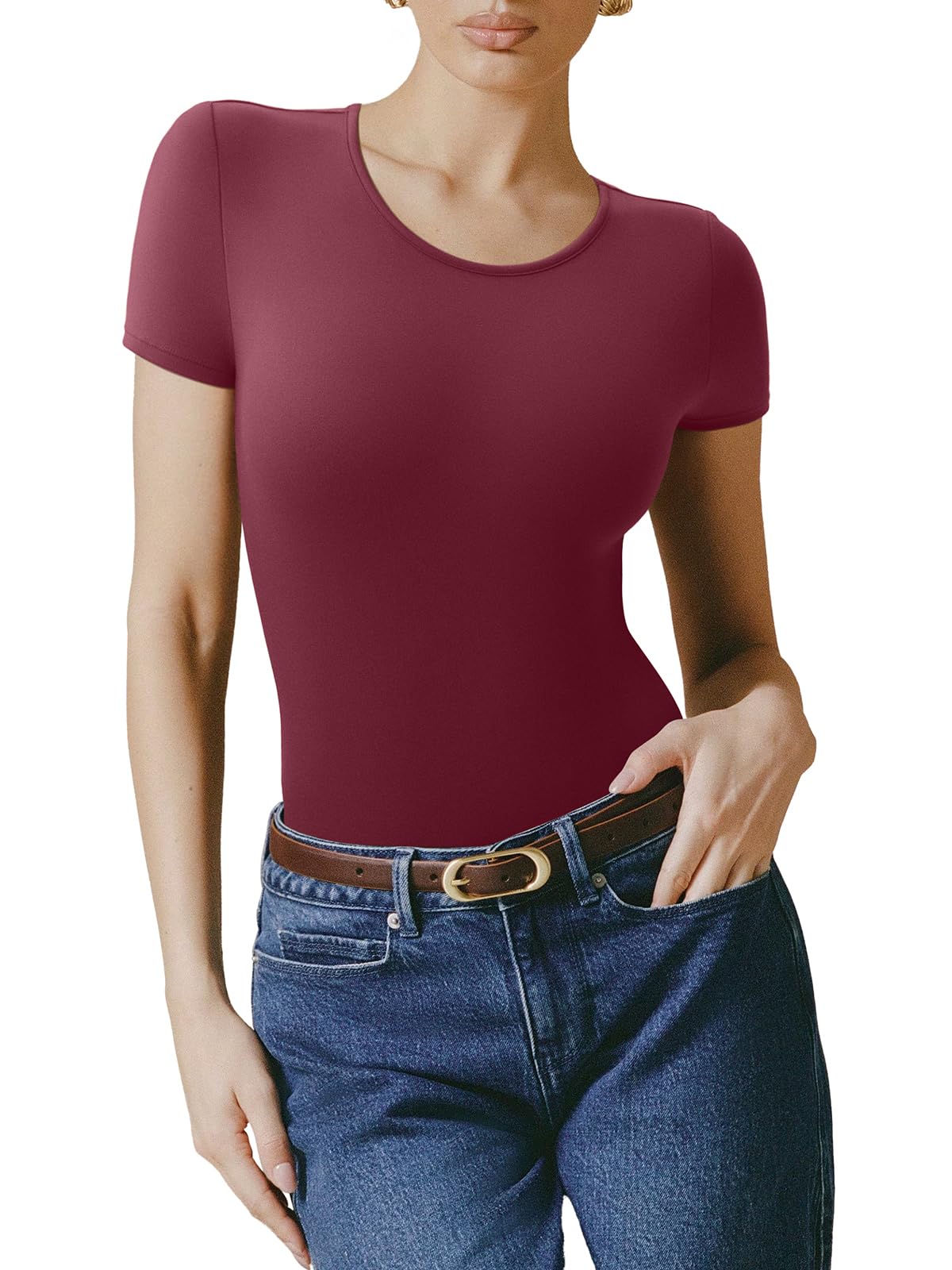 Bodysuit Reoria Vermelho Com Forro Duplo Básico De Manga Curta Feminina 2025