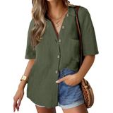 Blusa Feminina Hotouch De Linho De Manga Curta Button Down Army