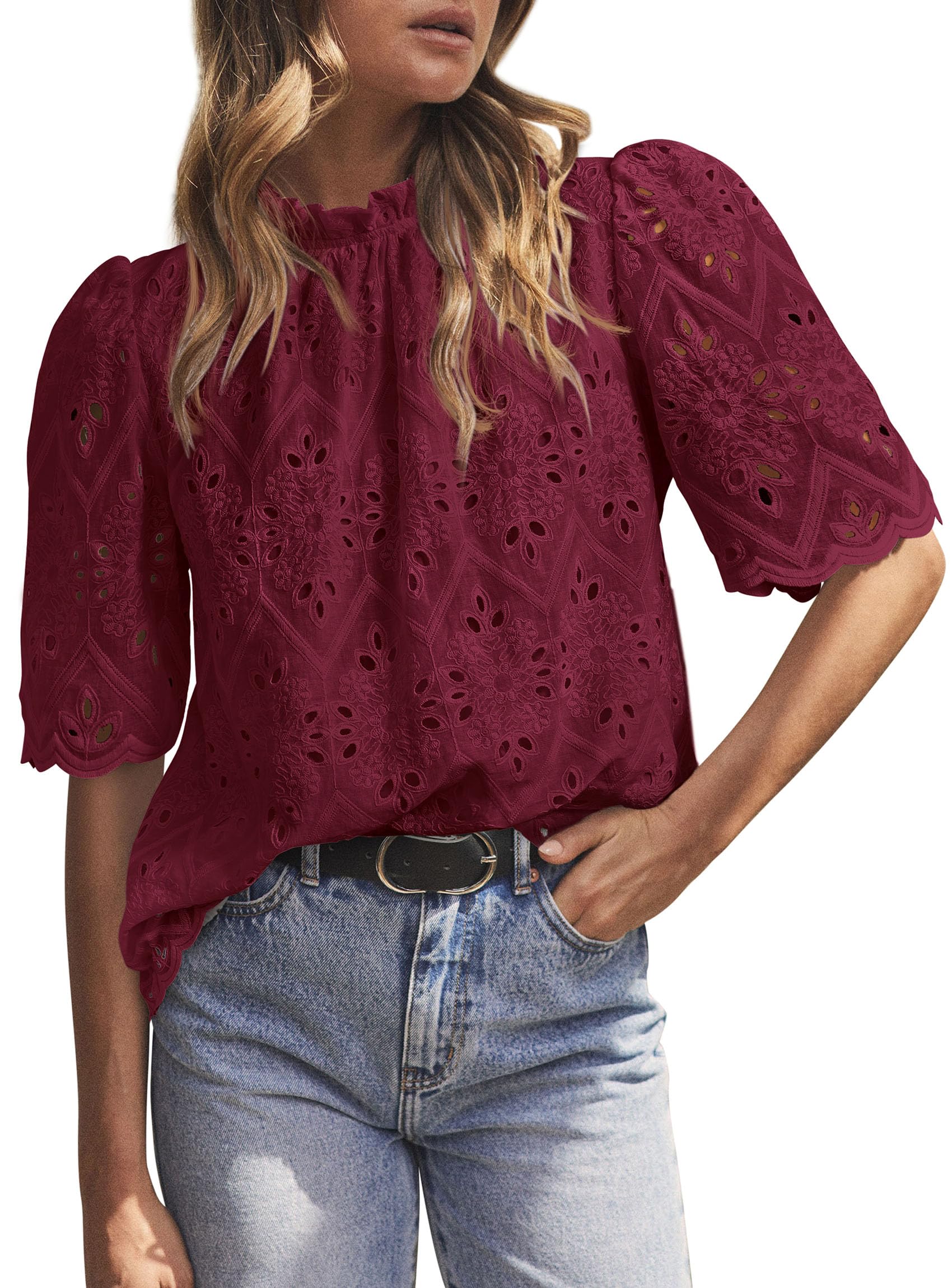 Blusa Prettygarden Summer Eyelet Bordada Em Vermelho Vinho Para Mulheres