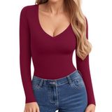 Camisa De Manga Comprida Clozoz Para Mulheres Com Decote Em V, Camiseta Básica Ajustada