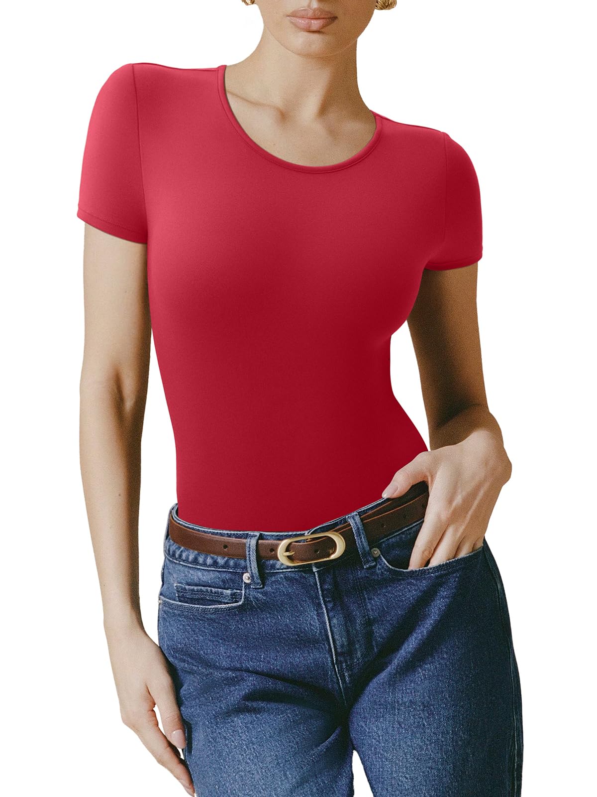 Bodysuit Reoria Vermelho Com Forro Duplo Básico De Manga Curta Feminina 2025