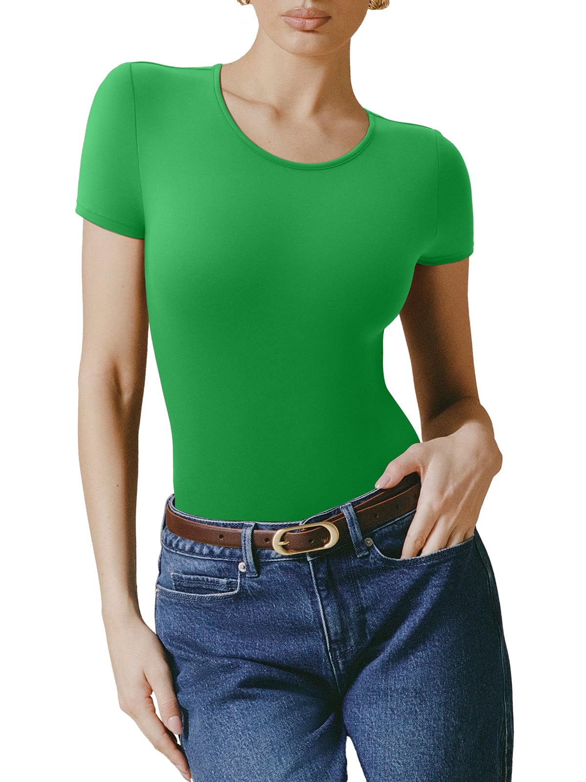 Bodysuit Reoria Verde Com Forro Duplo Básico De Manga Curta Feminina