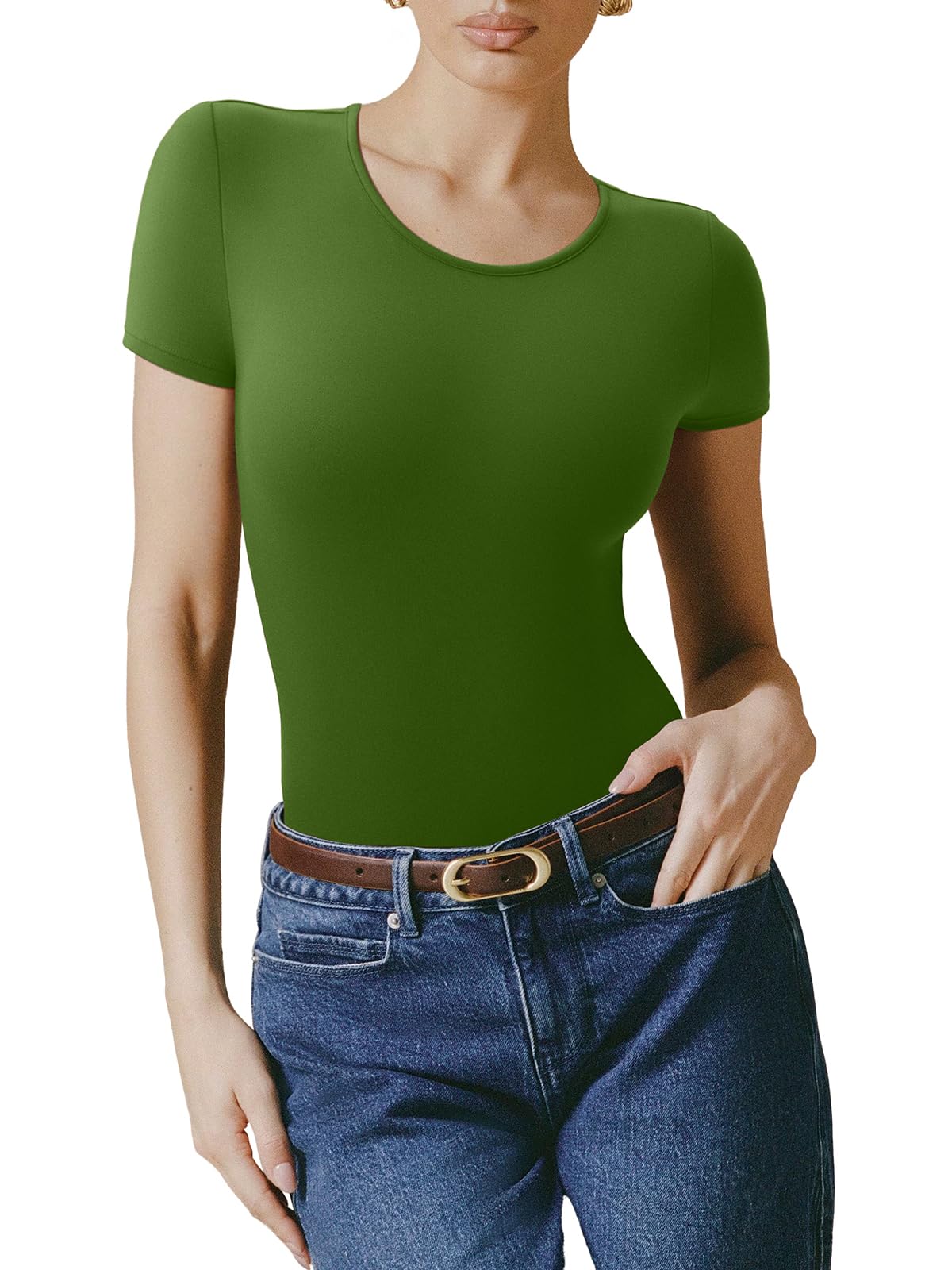 Bodysuit Reoria Verde Com Forro Duplo Básico De Manga Curta Feminina