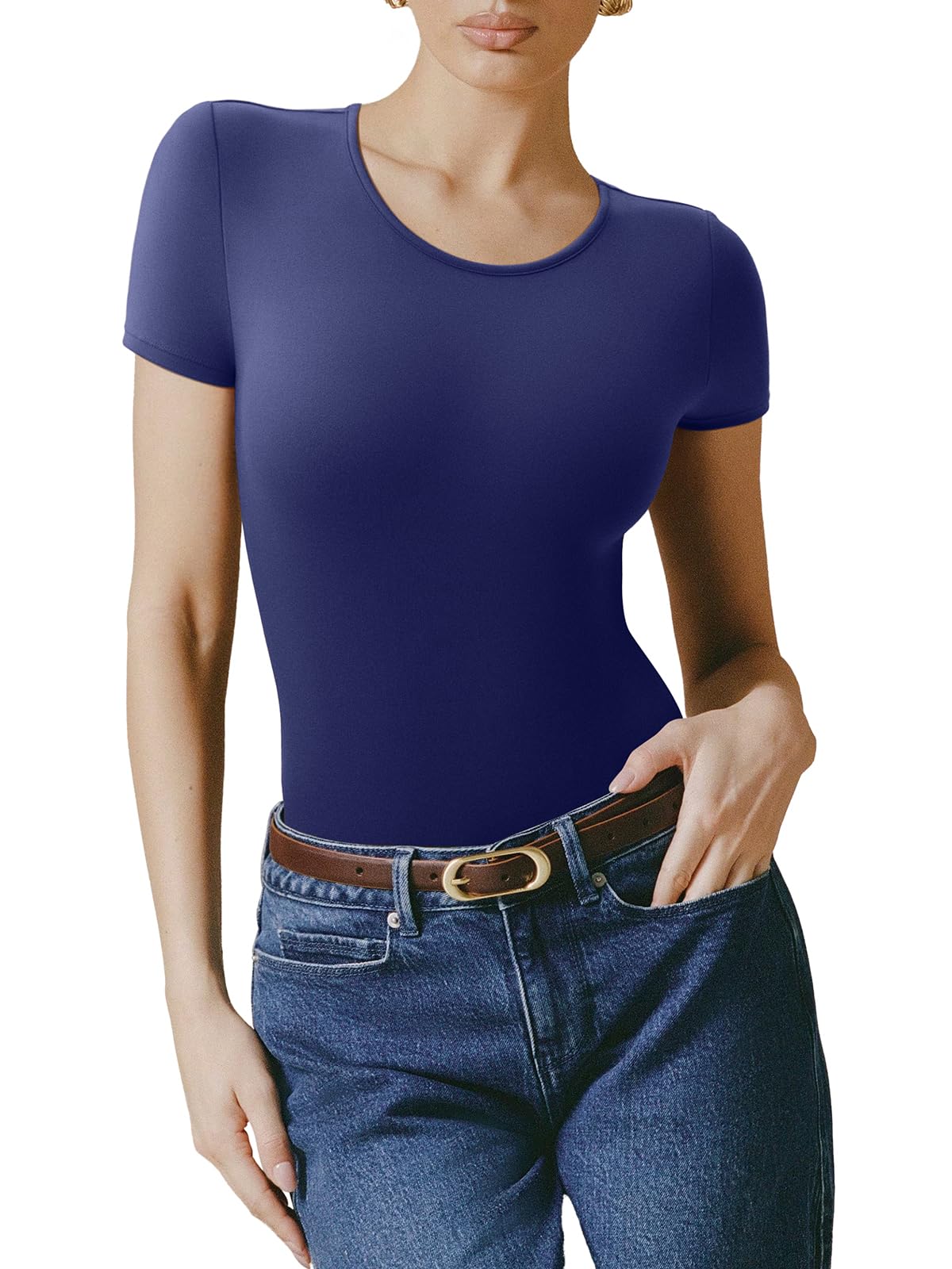 Bodysuit Reoria Azul Com Forro Duplo Básico De Manga Curta Feminina 2025