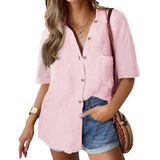Camisa Hotouch De Linho Com Botões Feminina De Manga Curta Rosa S