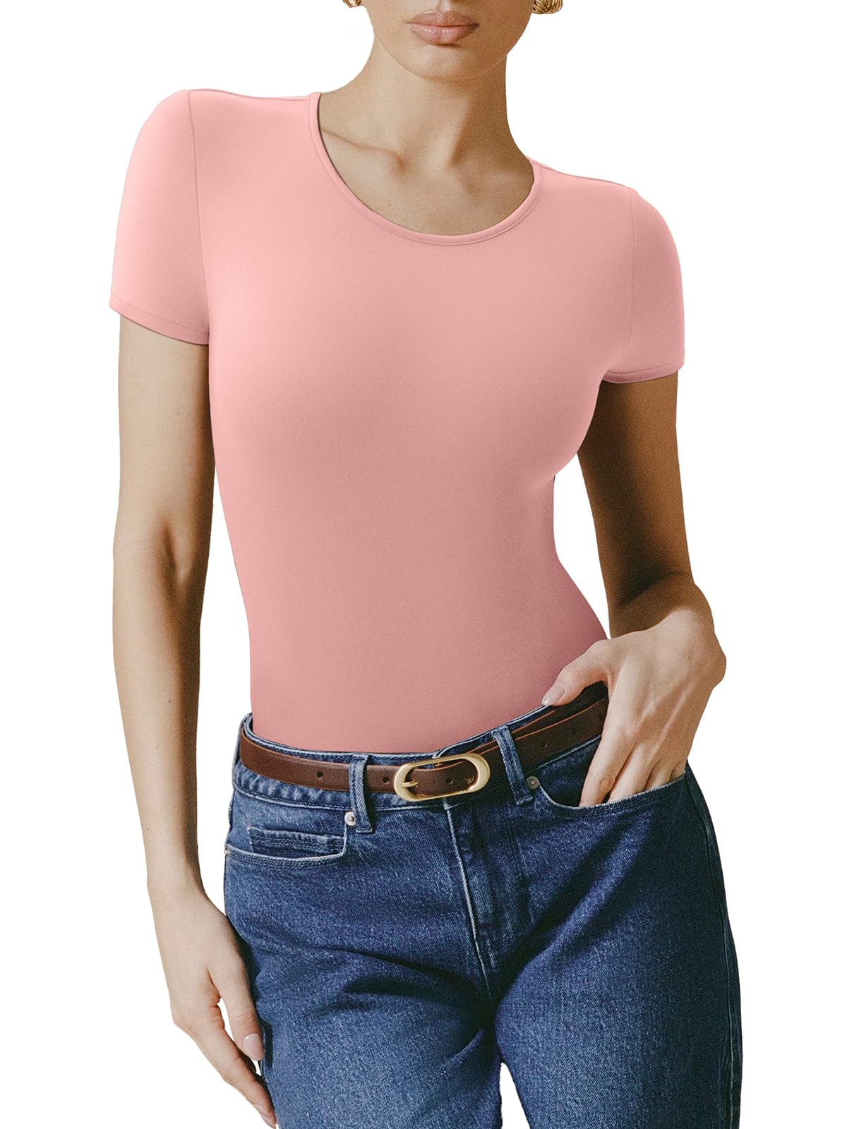 Bodysuit Reoria Rosa Com Forro Duplo Básico De Manga Curta Feminina