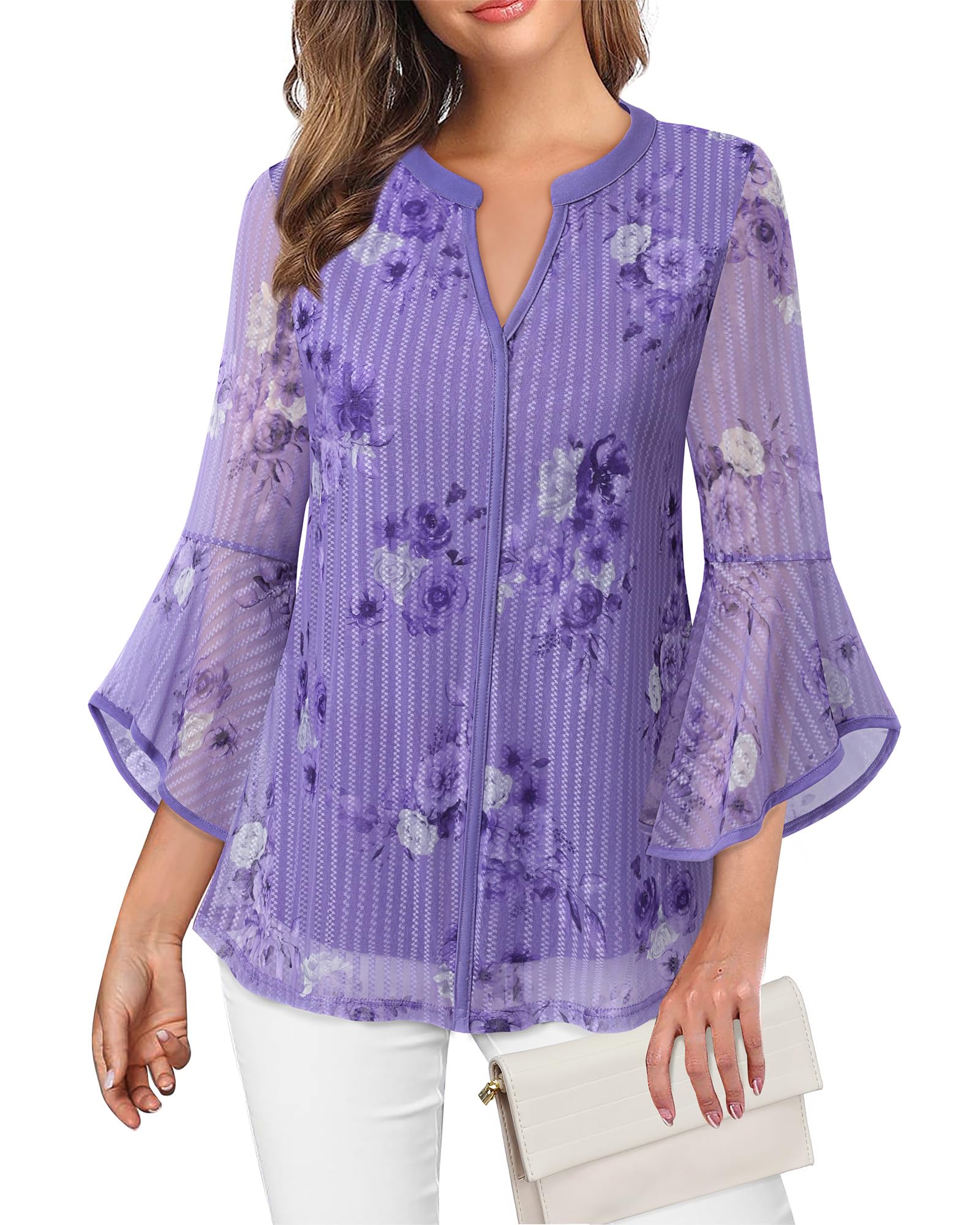 Blusa Valolia, Manga De Sino, Decote Em V, Tecido De Malha Roxa, M, Feminina