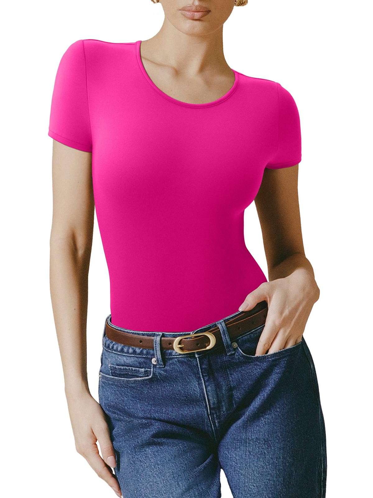 Bodysuit Reoria Rosa Com Forro Duplo Básico De Manga Curta Feminina