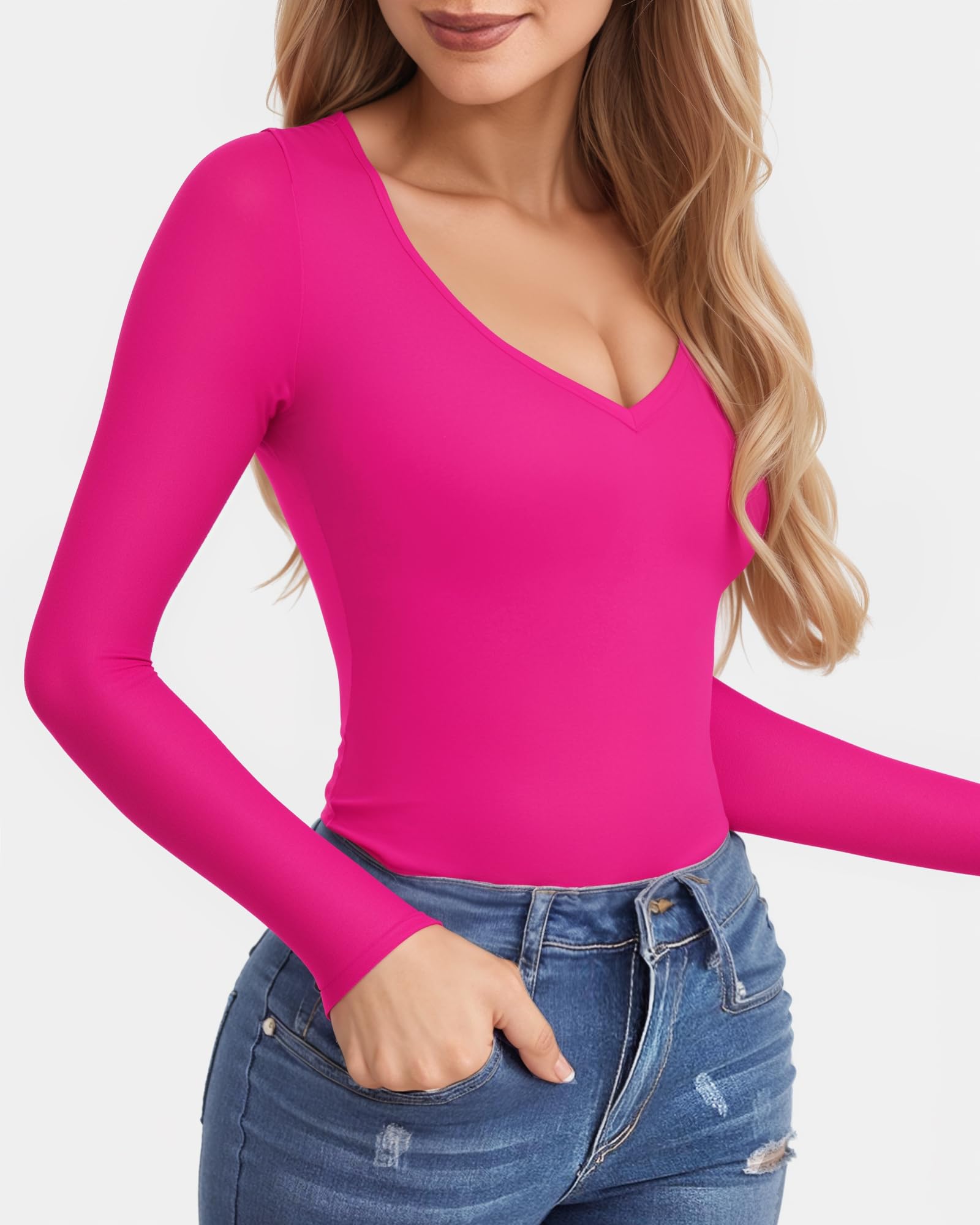 Camisetas De Manga Comprida Clozoz Para Mulheres Com Decote Em V, Camiseta Básica Ajustada