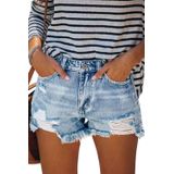 Shorts Jeans Onlypuff, Envelhecidos, Com Bainha Crua, Rasgada, Azul Claro